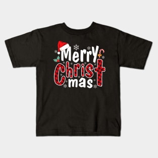 Merry Christ Mas  Red Plaid Cross Holiday Christmas Kids T-Shirt